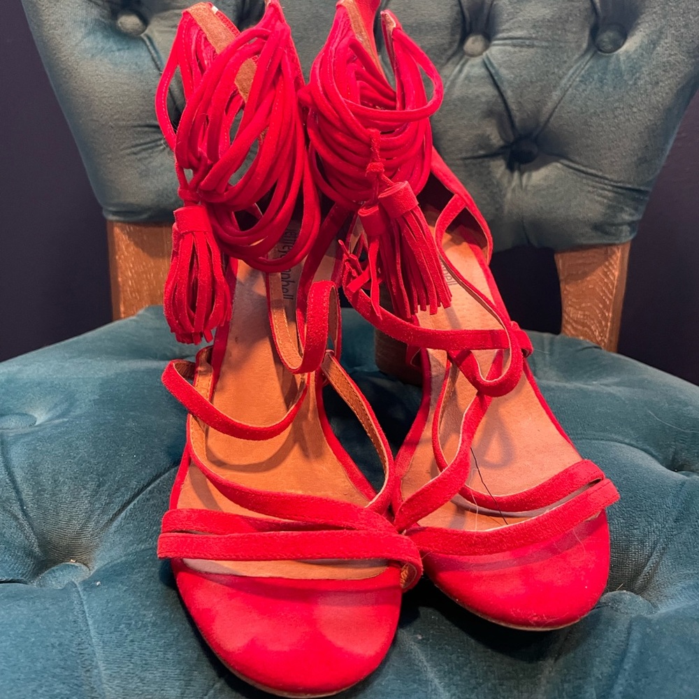 Jeffrey Campbell red suede block heels.